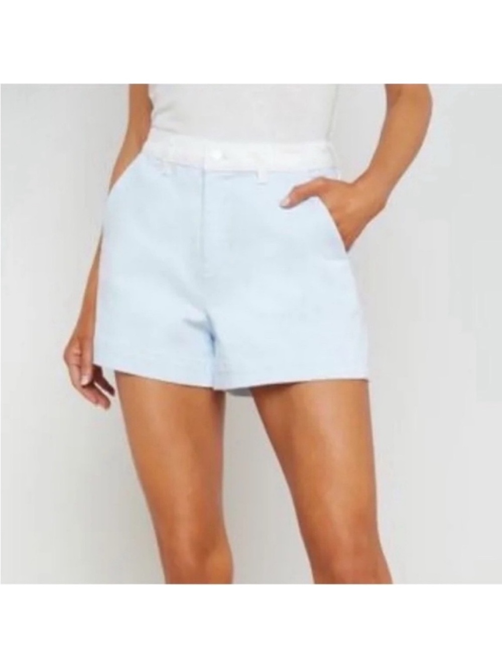 NEW L’Agence Jameson High Rise Colorblock Shorts Ice Water Blue White Denim